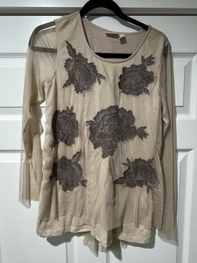 LOGO by Lori Goldstein Cream Long-Sleeve Tunic with Brown Floral Appliqués